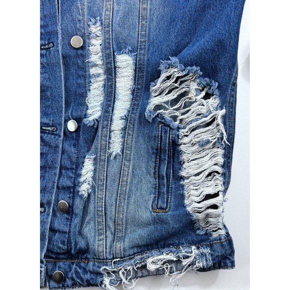 Akira Chicago Red Label Distressed Denim Jean Jacket Size Women’s Large - Picture 4 of 13